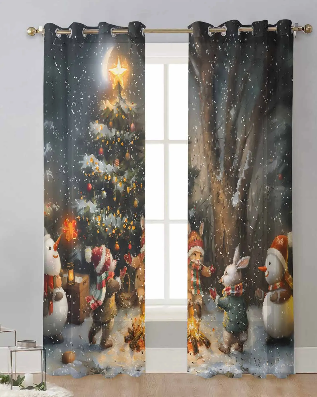 Christmas Tree Colorful Forest Moon Bonfire Animals Sheer Curtains For Living Room Modern Valance Kitchen Tulle Curtains