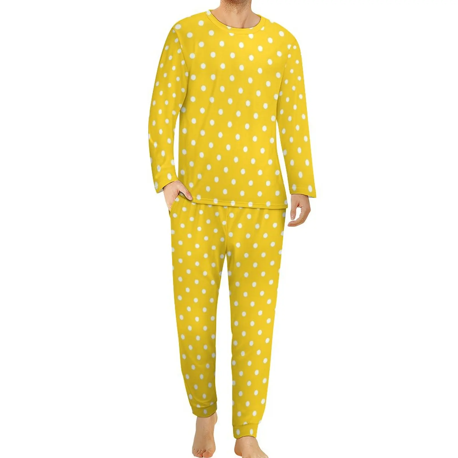 Vintage Polka Dots Pajamas Male XWhite And Yellow Soft Nightwear Daily Long-Sleeve 2 Pieces Casual Graphic Pajamas Set Big Size