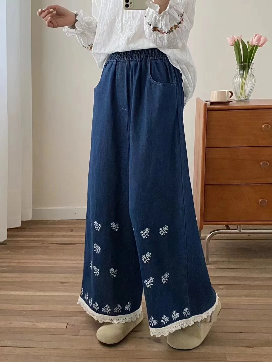 Jean Denim en Coton Brodé à Taille artificiel astique pour Femme, Jean à Jambes Larges de Style Japonais Mori Girl, Nouvelle Collection Printemps 2025, B4D813CC