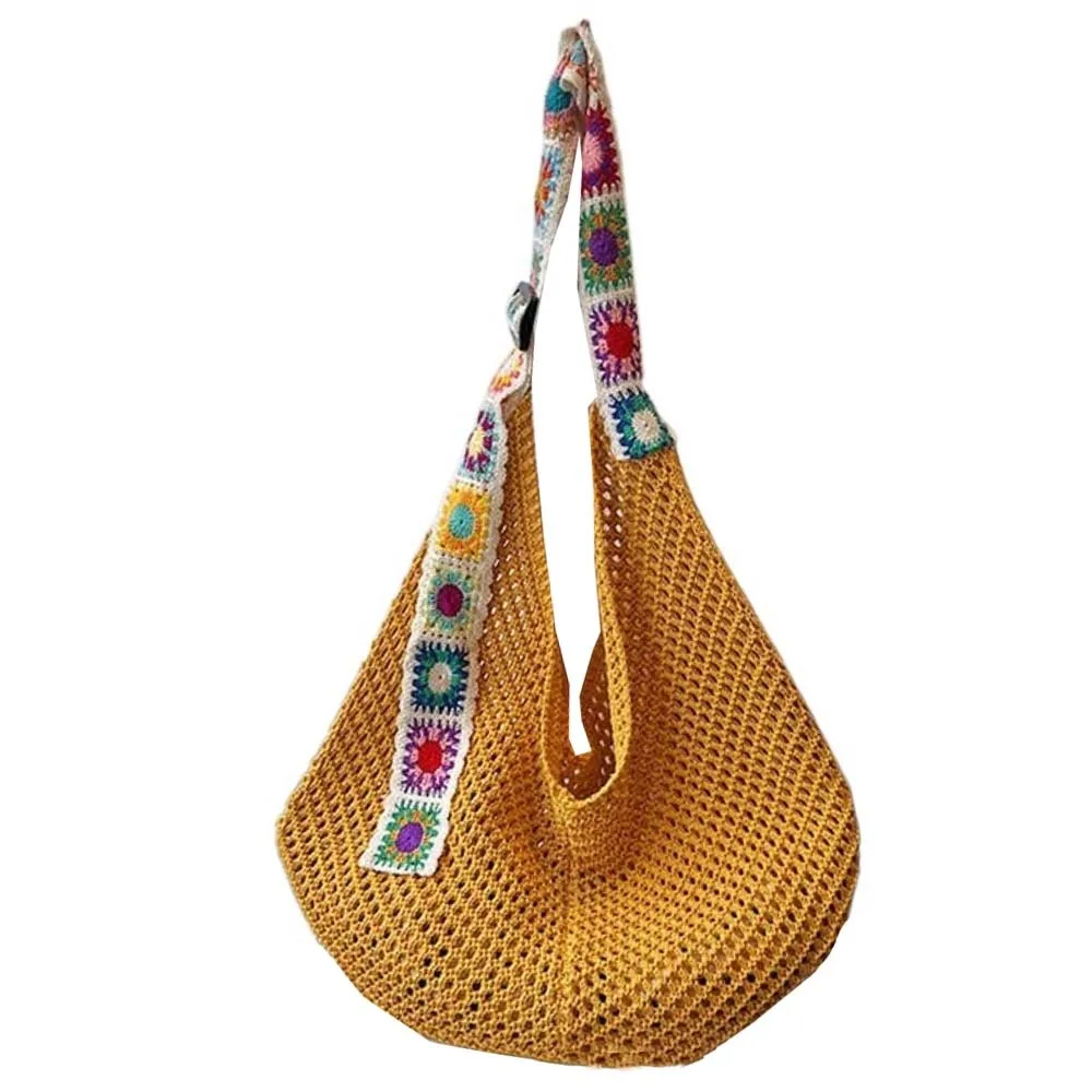 

Trendy Large Capacity Crochet Tote Bag Flower Ethnic Style Hollow Woven Bag Polyester Lightweight Knitting Handbag Spring