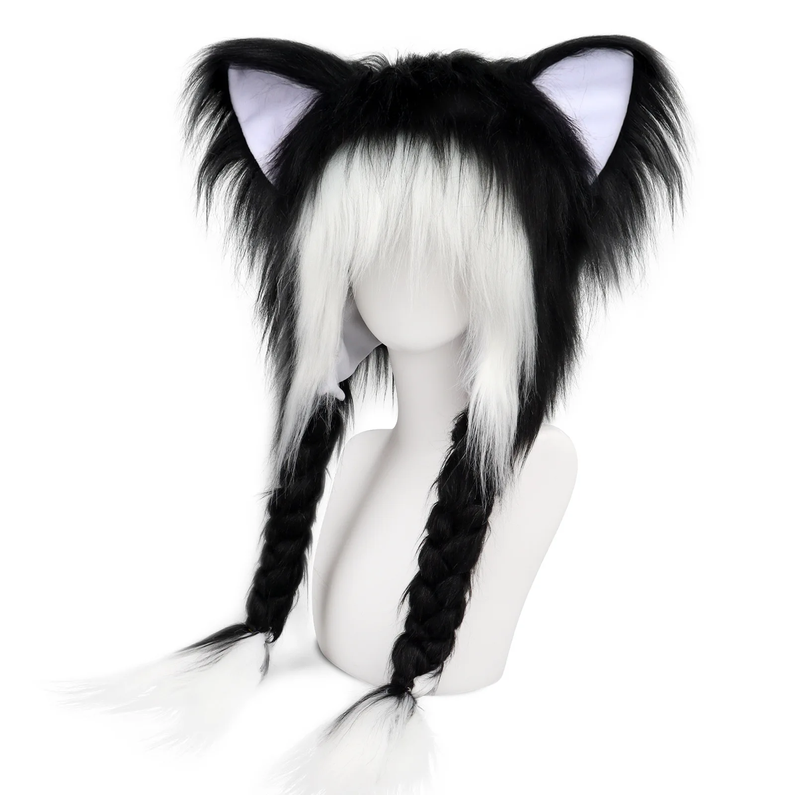 New Red Black Cat Ear Cosplay Plush Hat with Braided Warm Fluffy Earmuffs and Headwear Y2K Anime Accessory Hat