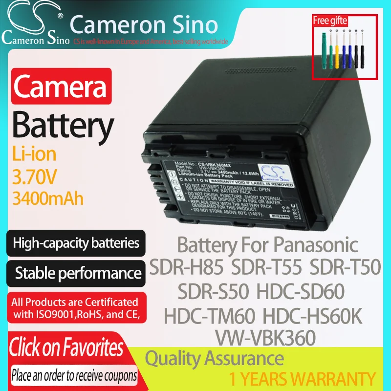 CameronSino Battery for Panasonic SDR-H85 SDR-T55 SDR-T50 SDR-S50 HDC-SD60 fits Panasonic VW-VBK360 Digital camera Batteries