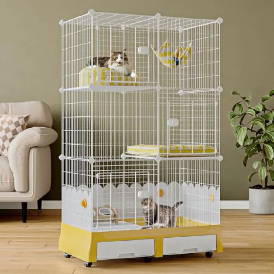 Large Indoor Cat Cage with Integrated Litter Box and Scoop Portable Design on Wheels Perfect for 1-3 Cats Dimensions 35.5 L x 2
