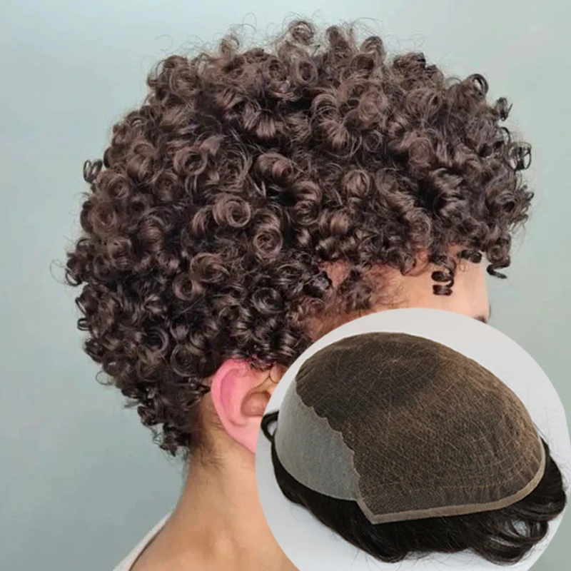 Perruques de cheveux humains bouclés pour hommes, délié naturel, toupet masculin, blond, marron, noir, respirant, dentelle Q6 et PU, remplacement de perruques, 15mm