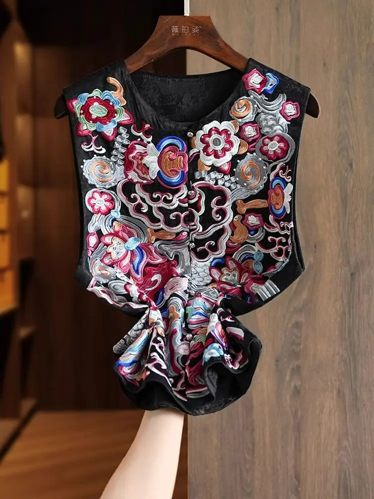 Satin Silk Embroidered Vest Women Chinese Style Vintage Vest Sleeveless Retro Tops Female Autumn New Fashion