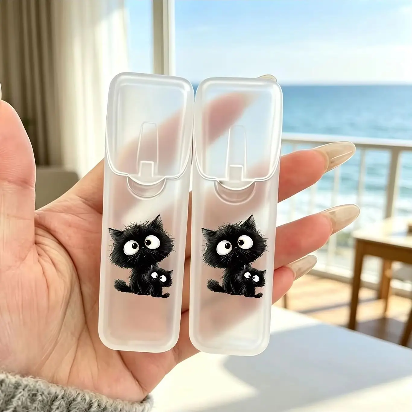 Cute Big-Eyed Black Cat Printed Portable Travel Storage Box - Organizer for Toothpicks, Dental Floss & Daily Sundries, Compact a