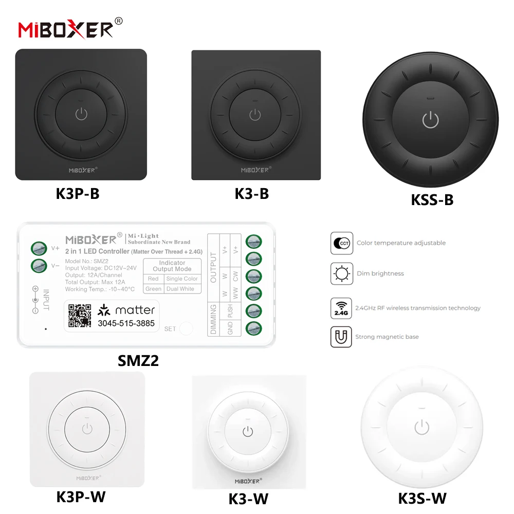 Miboxer SMZ2+K3 DC12-24V 2in1 Controller Matter Over Thread+2.4GHz Tuya APP WIFI Control Single/Double Color CCT LED Strip Light