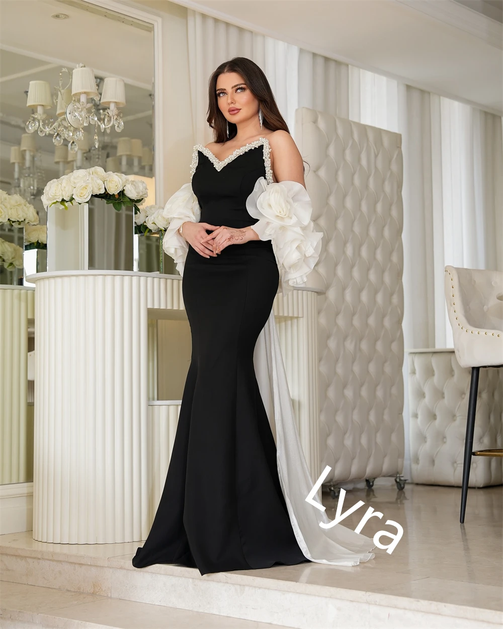 فستان سهرة جيرسي أسود رقيق مخصص بدون حمالات وأكمام قابلة للفصل لحفلات العودة للوطن مطرز بالخرز فساتين المناسبات الخاصة