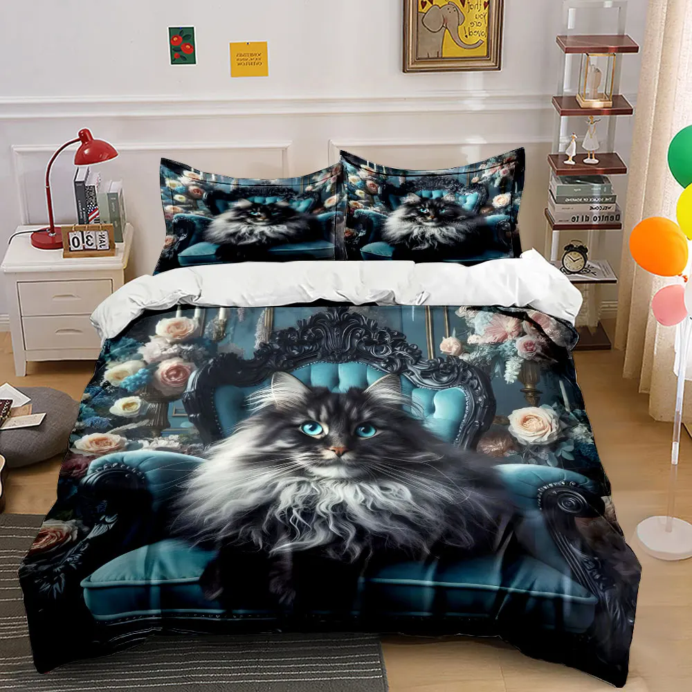Regal Cat Throne with Florals Printed Duvet Cover Set 1 Duvet Cover+2 Pillowcase Multi Size Bedroom Bedding Decoration