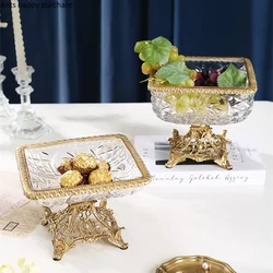 Brass Crystal Glass Fruit Plate Fruit Bowl Storage Tray Candy Snack Tray Fruit Dish Decorative Plate Cake Pan Dessert Bowl