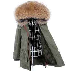 MAOMAOKONG New Big Natural Real Raccoon Fur Collar Coat Luxury Winter Women Long Female Jacket Removable Thick Lining Parkas