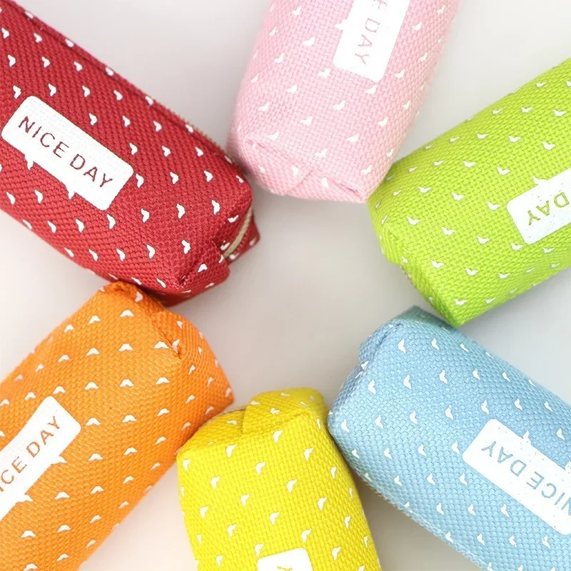 Strip Shape Candy Color Pencil Case Bag Dots Canvas Pens Storage Bag Stationery Pouch for Kids Girls Portable Lipstick Bag