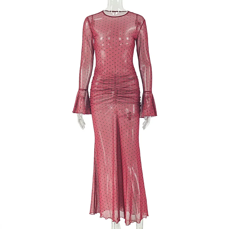 Robe élégante imprimée à pois pour femmes, manches évasées, col rond, moulante, maille transparente, drapée, Maxi, robes de soirée, automne 2025