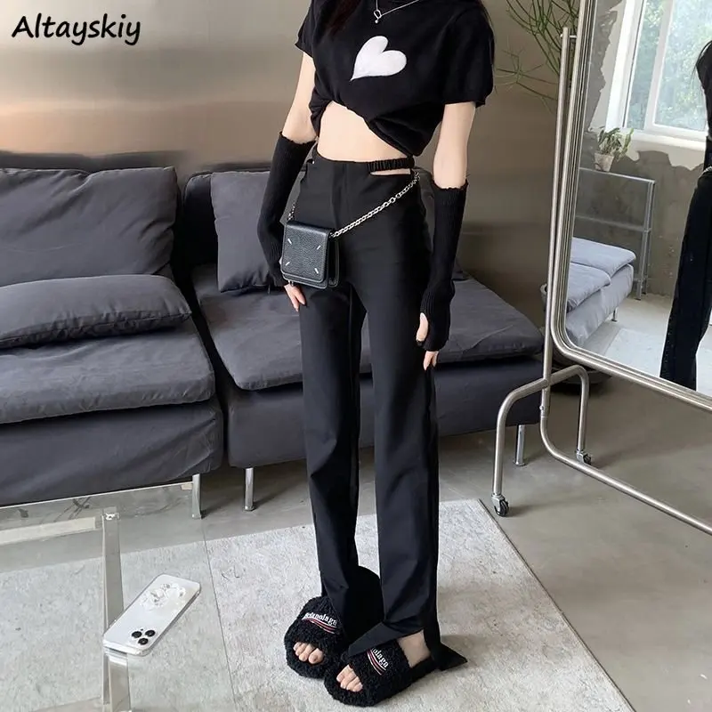 

Hollow Out Pants Women Straight Vintage Pure Chic Side-slit Design Spring Korean Daily Full Length Leisure All-match Street Wear