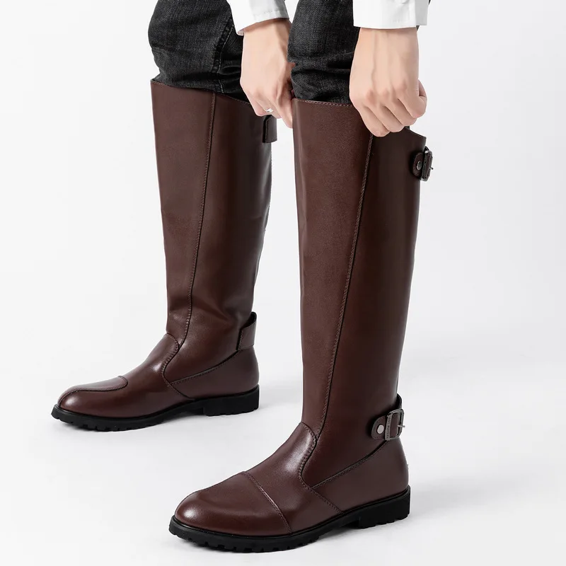 Plus Size 37-46 Vintage Gothic Leather Knee High Long Boots Men\'s Winter Shoes 2025 Square Heels Cowboy Riding Motorcycle Boots