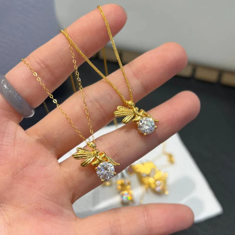 

LABB Real 18K gold elf pendant Au750 gold inlaid moissanite necklace collarbone chain pendant women's boutique jewelry gift