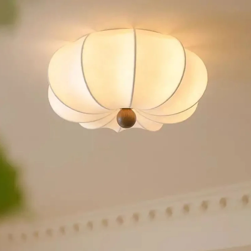 French Simple Round Ceiling Lamp with Cream White Fabric Lampshade, Decor Light for Living Room, Study, Bedroom, Office and Cafe
