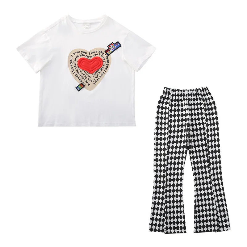 Kids Clothes Girls Summer Stereoscopic Heart T-Shirt & Plaid Trouser Teenage Girl Letter Graffiti Tracksuit Loose Outfit