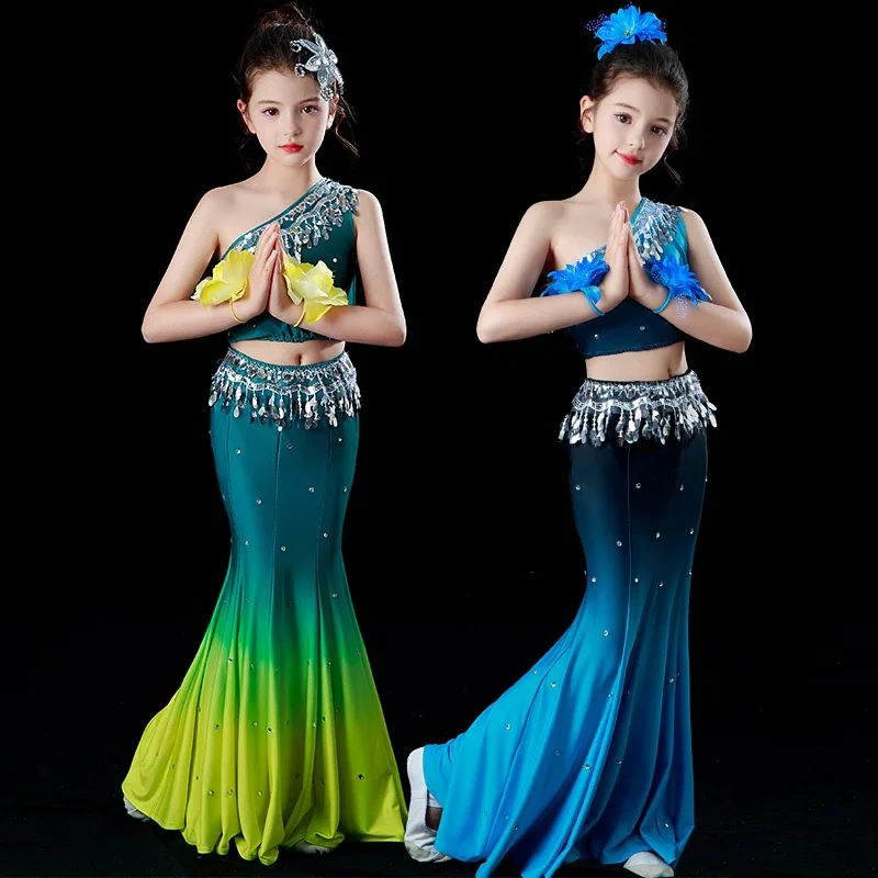 Girs Belly Dance Costume Indian Traditional Dress Peacock Dance Costumes Minority Folk Chinese Dai Dance Fish Tail  Dress