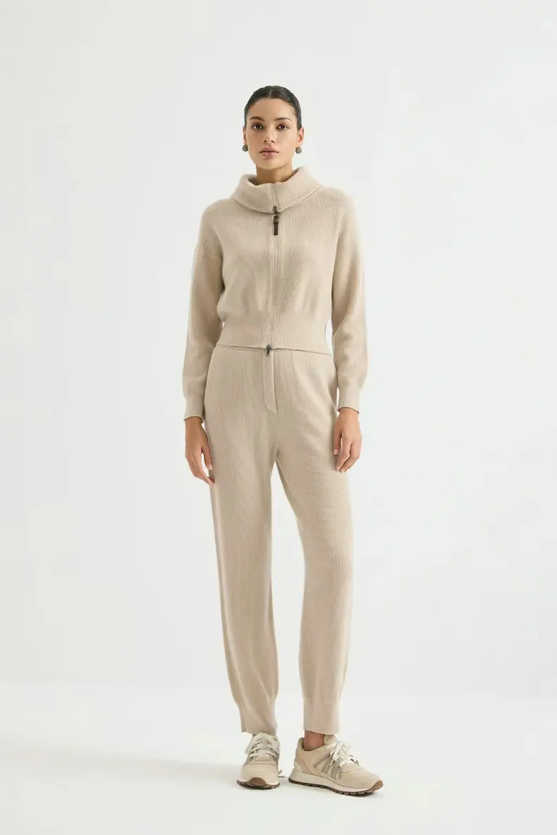 Women'S Cashmere Knit Set (Fall/Winter 2026): Collared Zip-Up Cropped Cardigan And Straight-Leg Trousers