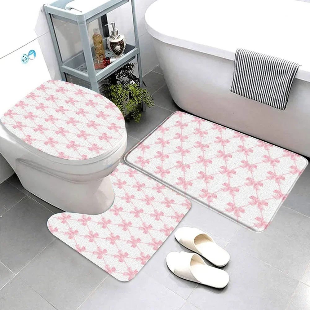 3 Pcs Pretty Pink Bow Bathroom Rug Set Ribbon Stripe Polka Dot Floral Pink Blue Love Gift Bath Mat Toilet Cover Bathroom Decor