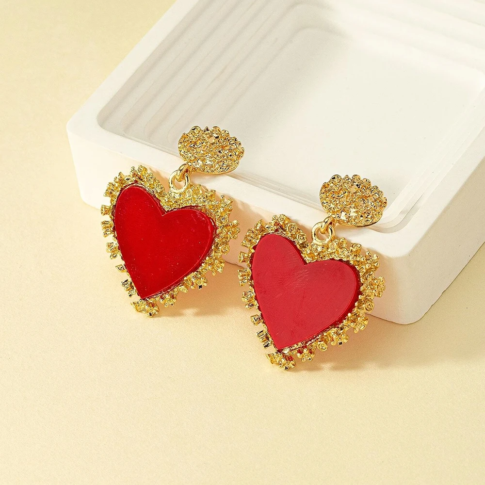 Stylish Golden Heart Earrings! Red Heart with Stereo Carved Gold Frame, Full of Design and Highlight Stylish and Fashionable Charm