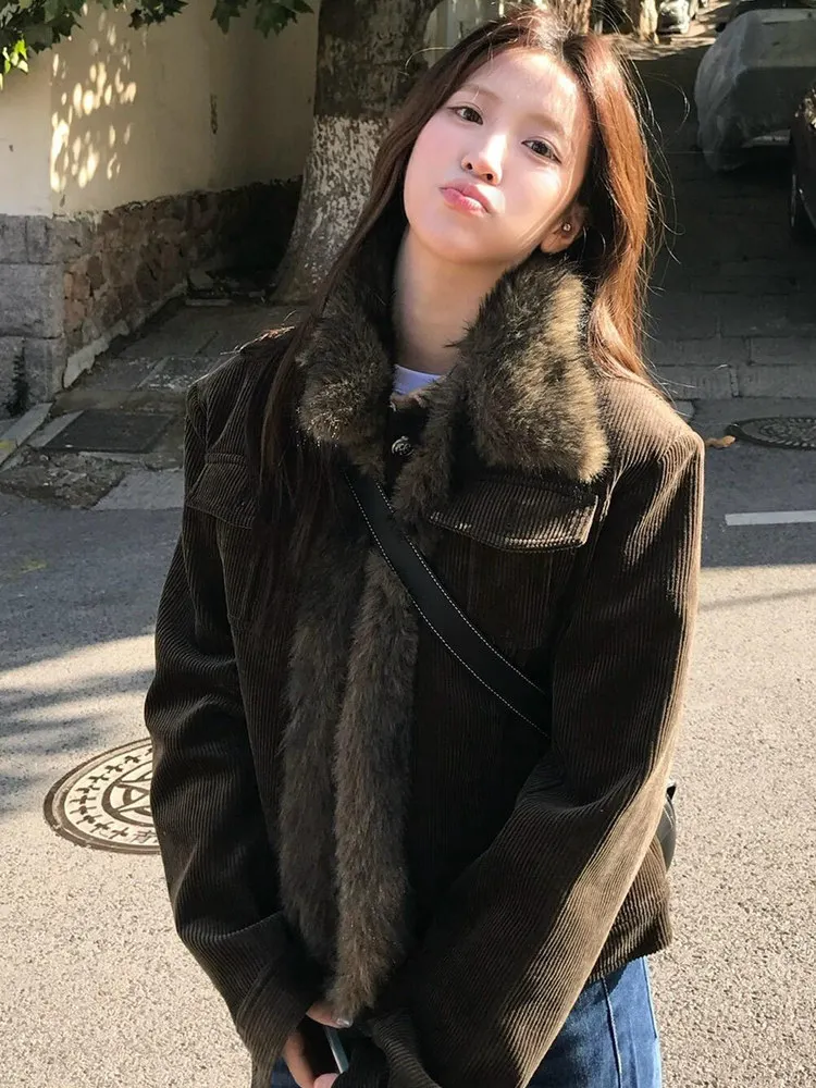 Autumn/winter American Maillard Vintage Fur Collar Corduroy Thickened Warm Jacket Women's Cotton Jacket