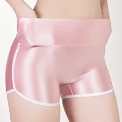 Culotte élastique taille haute pour femme, caleçon sexy brillant à l'huile, short de sport de yoga lisse, short serré et lisse pour femme