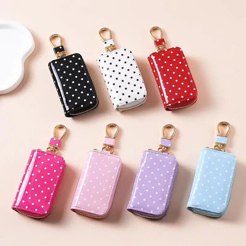 Polka Dot Glossy Patent Leather Key Pouch Golden Zipper Metal Clasp For Daily Use Storing Car Keys Small Accessories