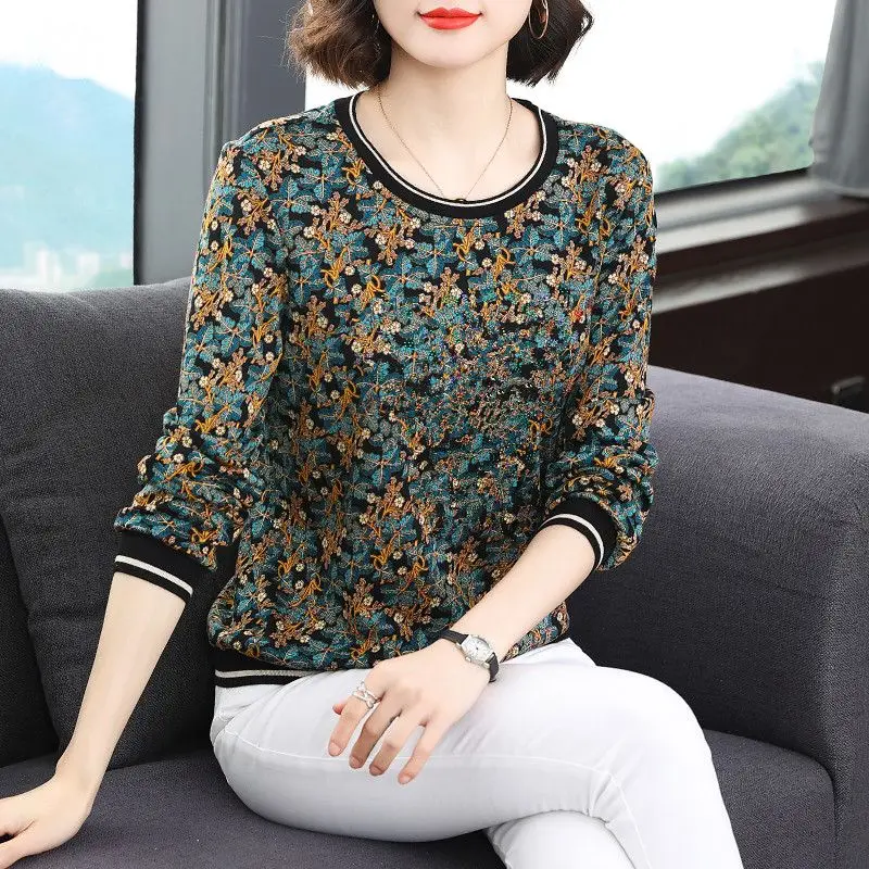 Spring Autumn Women\'s Clothing Pullover Round Neck Lantern Long Sleeve T-shirt Geometric Printing Contrast Color Casual Tops