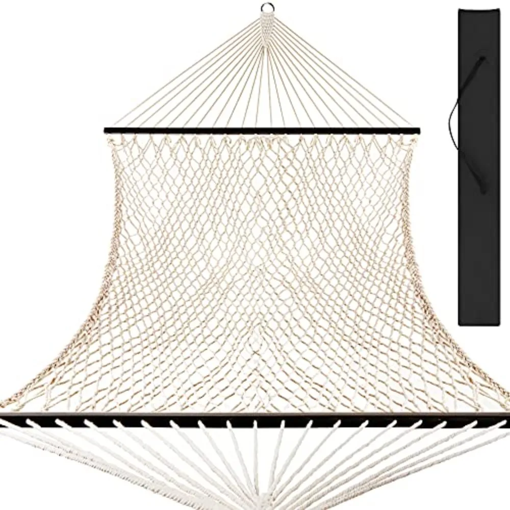 2-Person Double Hammock, Outdoor Woven Cotton Rope Hammocks for Backyard, Patio w/Spreader Bars, Carrying Case, 450lb
