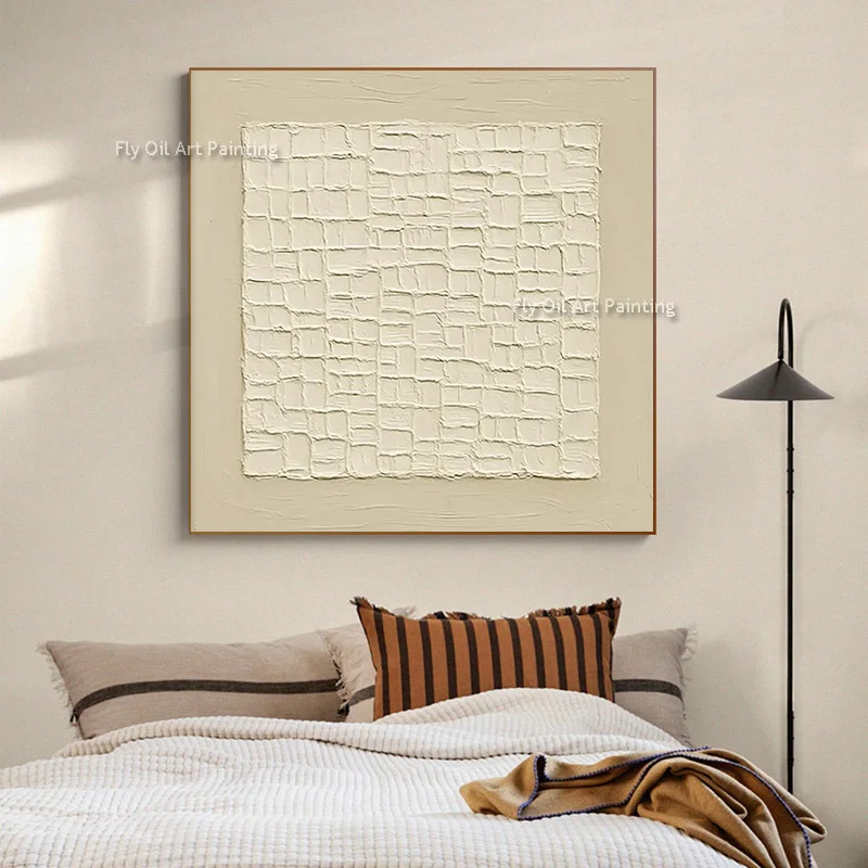 Cream Beige Textured Thick Oil Painting, Handpainted Impasto Canvas Art, Minimalist Grid Abstract Wall Art For Home Decor