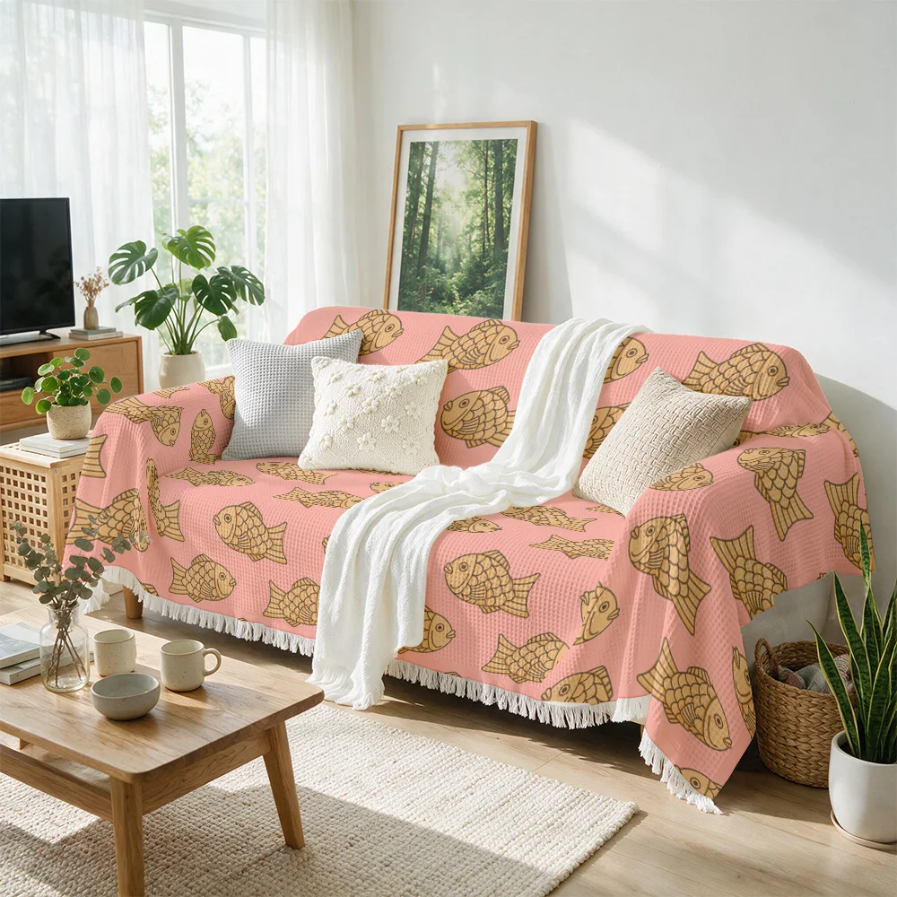 Cute Fish Print Throw Blanket Sofa Cover Couch Decorative Throw Pillow Boho Nautical Seating Accent Blanket for Living Room Bedr