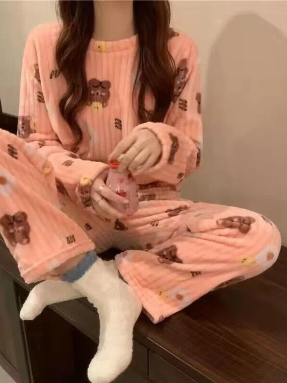 

Women's Coral Fce Spwear Cardigan Long Sve Long Pants Home Clothes Set Thi Sweet Sle Autumn Winter New Arrival