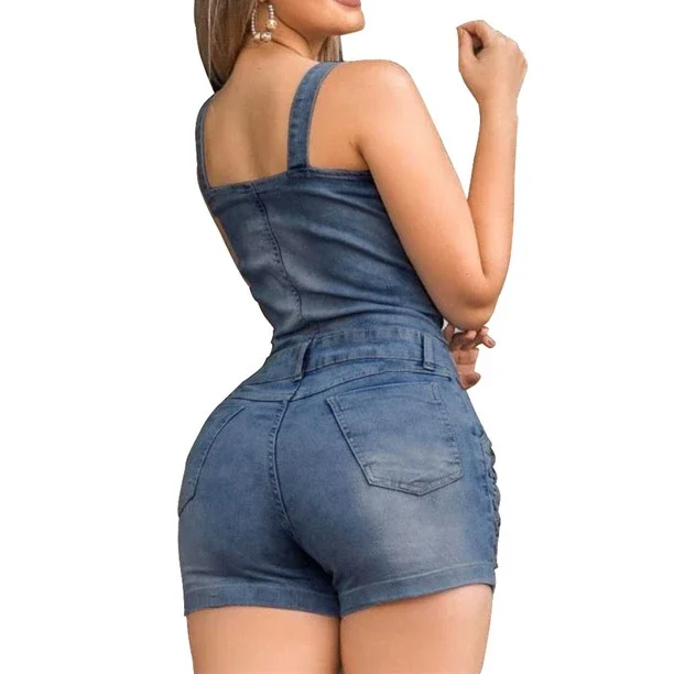 Combishort en jean pour femmes, combinaison en coton, slim, avec col en Denim, 2024