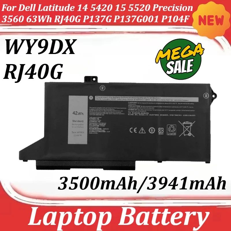 

3500mAh 3941mAh WY9DX RJ40G Laptop Battery for Dell Latitude 14 5420 15 5520 Precision 3560 63Wh RJ40G P137G P137G001 P104F