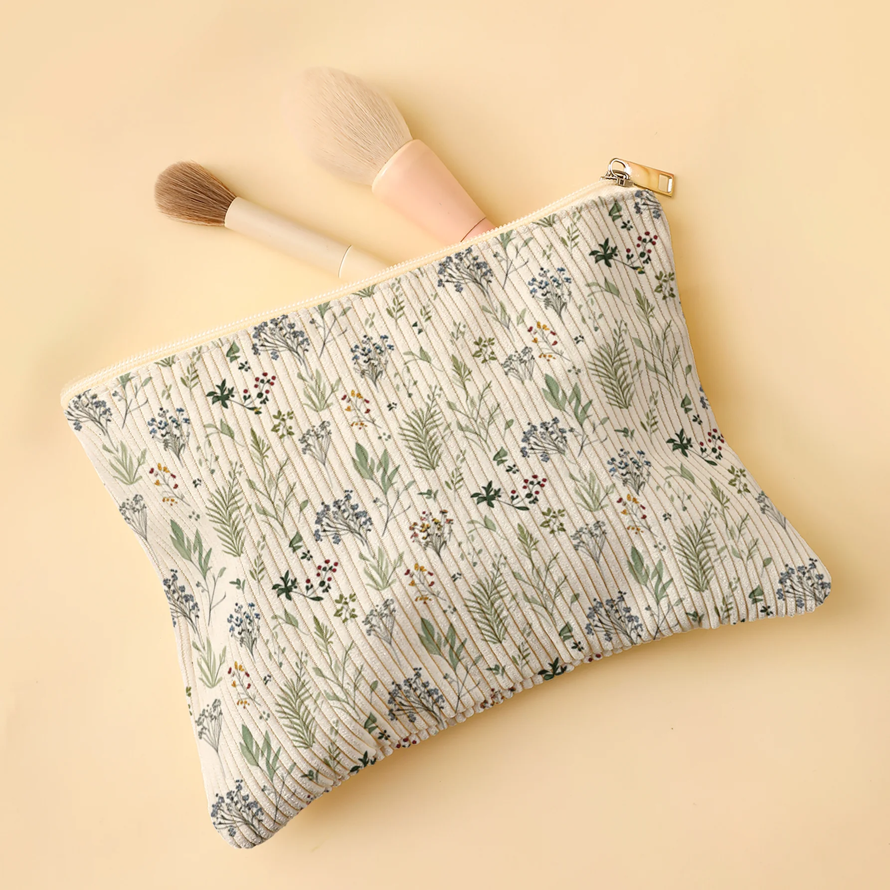 Korean Style Corduroy Cosmetic Bag Green Botanical Wild Plant Print Zipper Pouch Portable Travel Makeup Storage Bag for Women