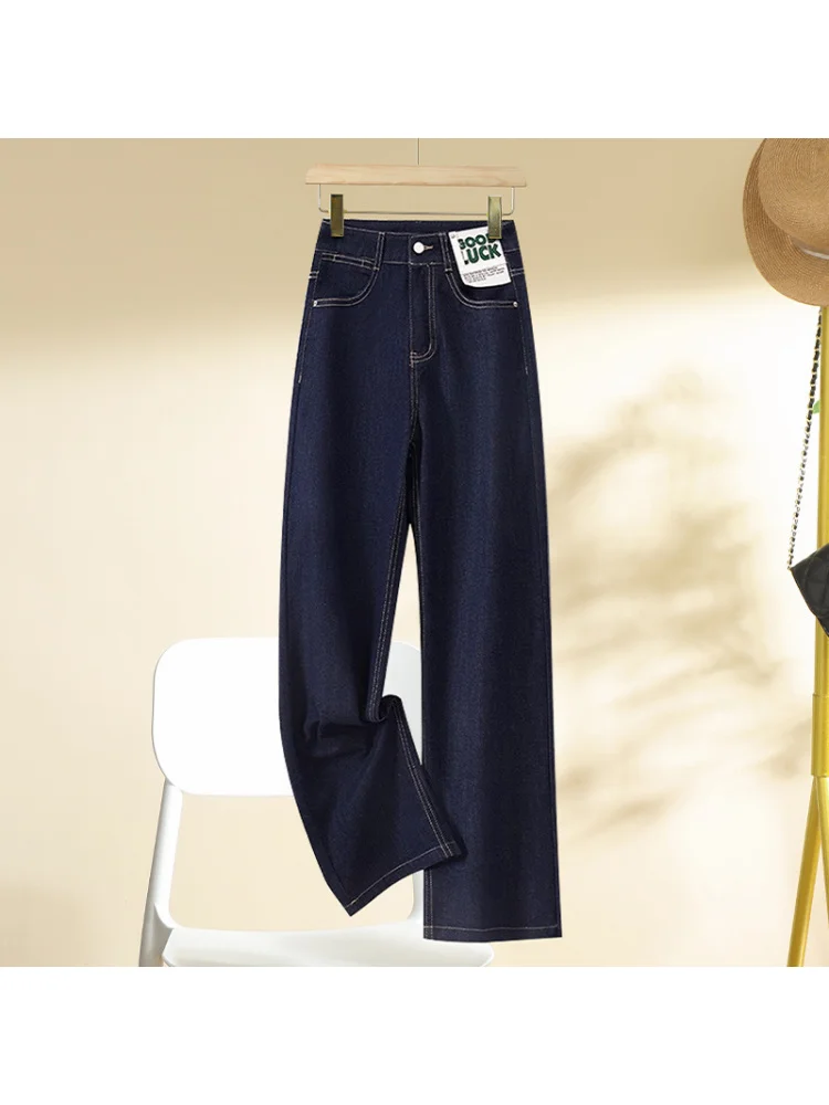 جينز أزرق داكن للنساء والشتاء، مقاس ضيق صغير، ساق مستقيمة، مبطن بالصوف، سروال طويل للتخسيس