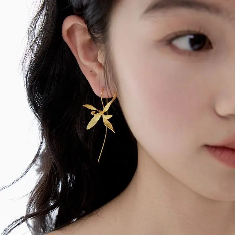 Orchid of the Empty Valley New Chinese Style Golden Earrings, Artistic Niche National Style Orchid Earrings, Forest Style Ins Style for Women