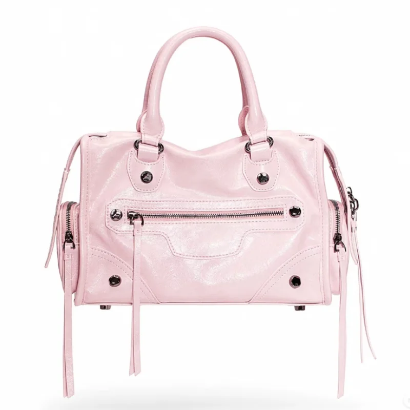 

Винтажная розовая мотоциклетная сумка для женщин с заклепками и бахромой, на молнии, через плечо, в стиле ретро-панк, кожаная, с несколькими карманами, кроссбоди, сумка-тоут