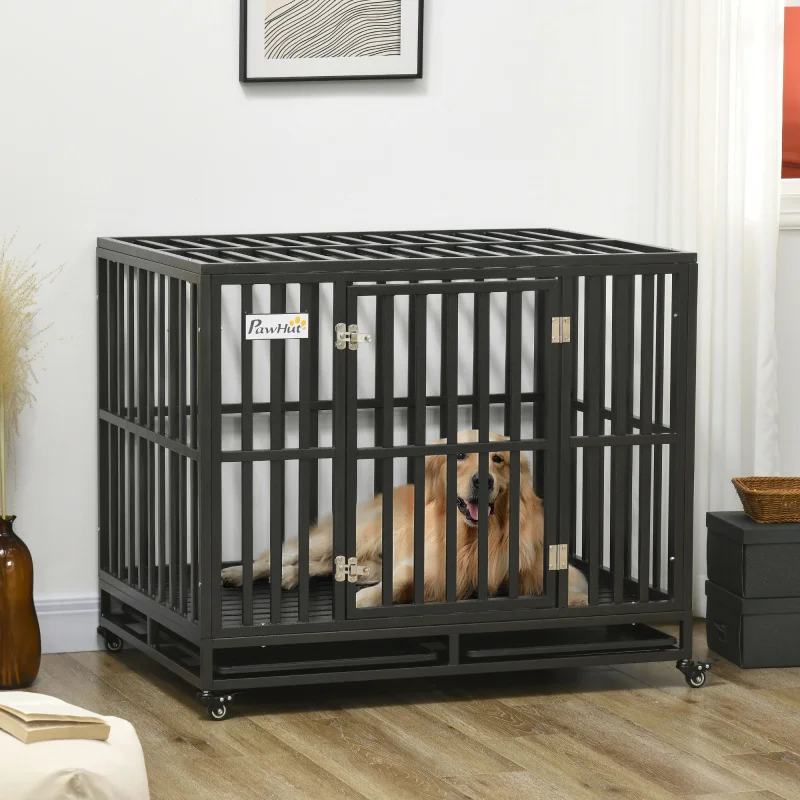 

Heavy Duty Dog Crate Metal Kennel and Cage Dog Playpen with Lockable Wheels, Slide-out Tray and Anti-Pinching Floor