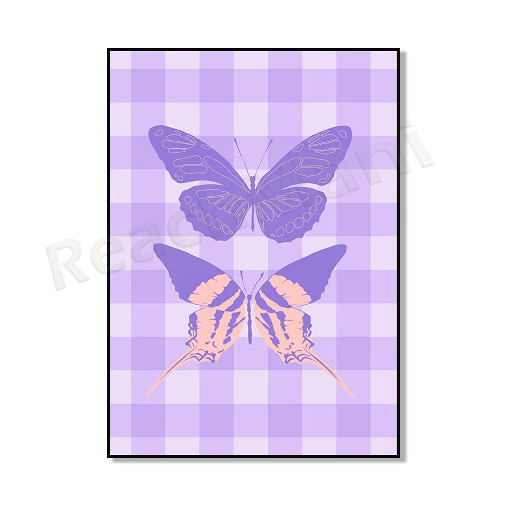 70's fashion gradient, butterfly, plaid butterfly, purple heart Danish pastel Y2K poster, purple aesthetic room decoration,
