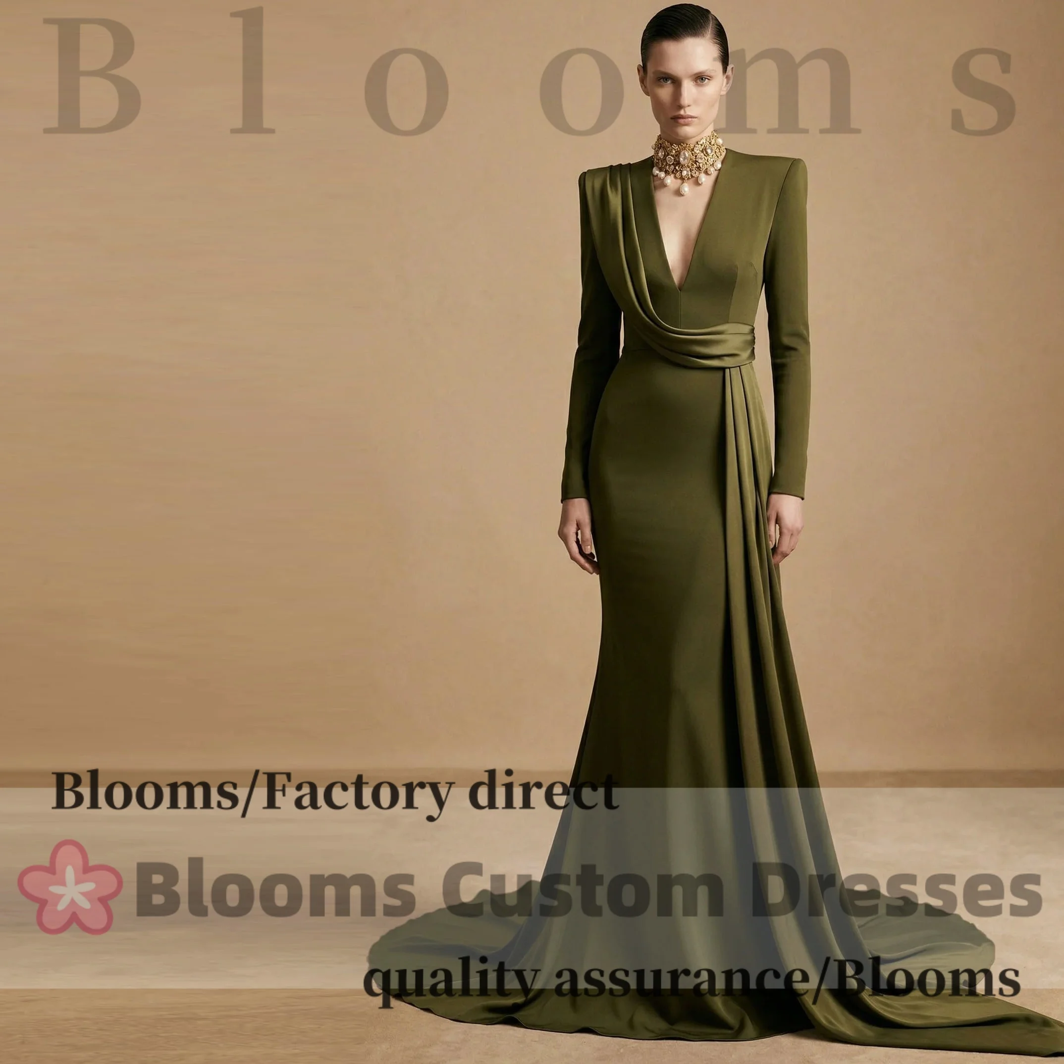 

Customized Olive Green Deep V Long Sleeve Satin Prom Gown Mermaid Train Evening Dresses 2026 Gorgeous Party Dress