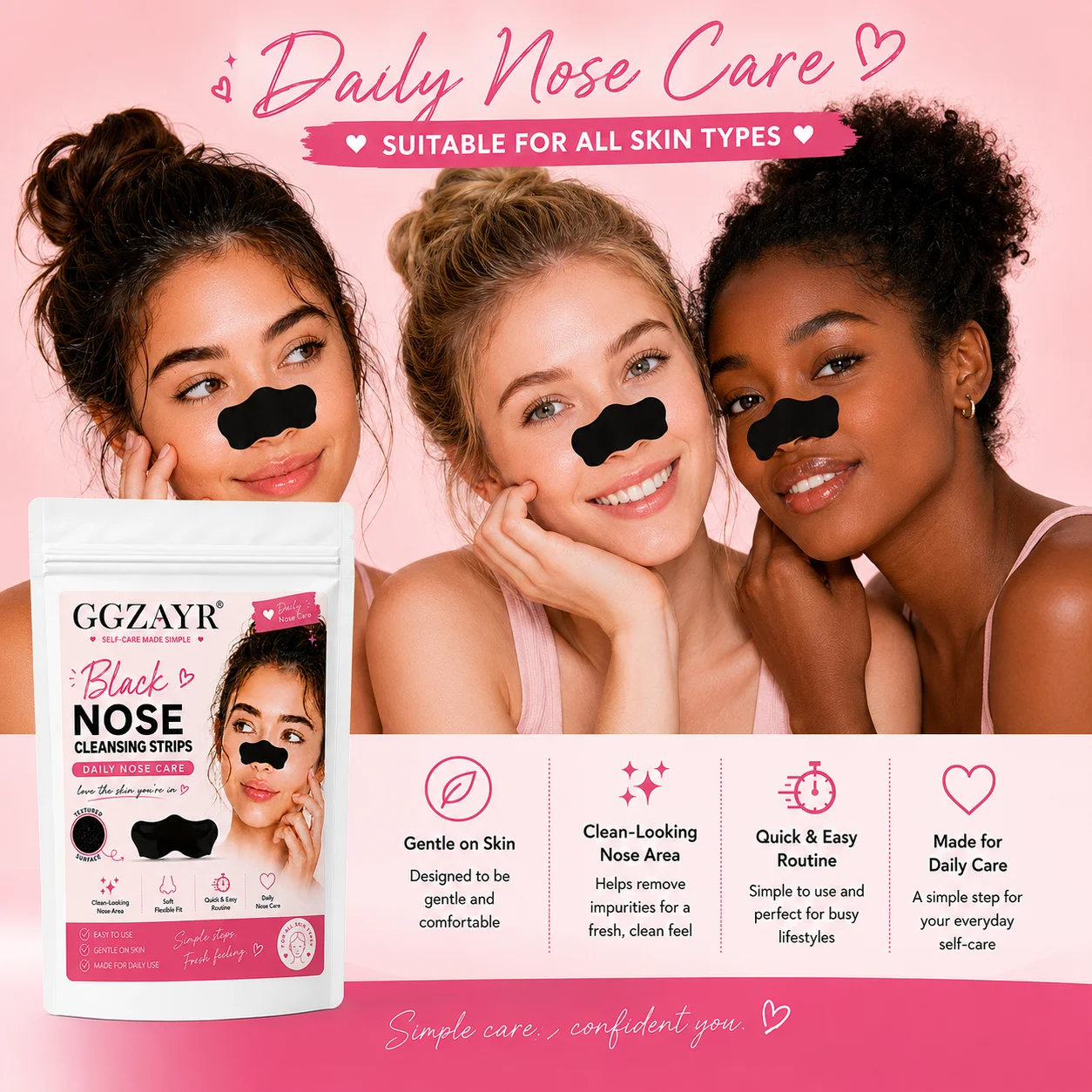10Pcs Black & Pink Nose Patches, Blackhead Remover Strips for Women, Gentle Deep Pore Cleansing Nose Strips