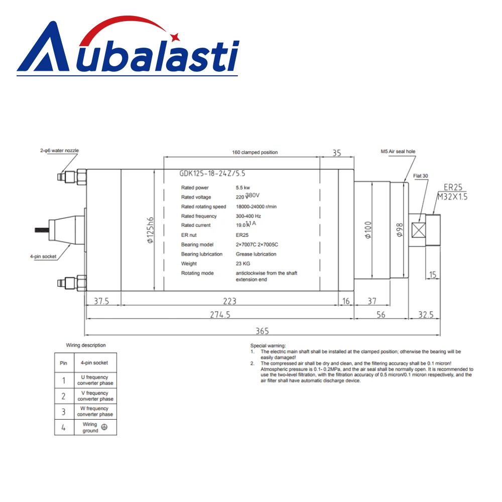 Aubalasti 5.5KW CNC Water Cooled Spindle Motor 220V 380V Chuck Nut ER25 18000rpm GDK125-18-24Z for CNC Metal Milling Machine