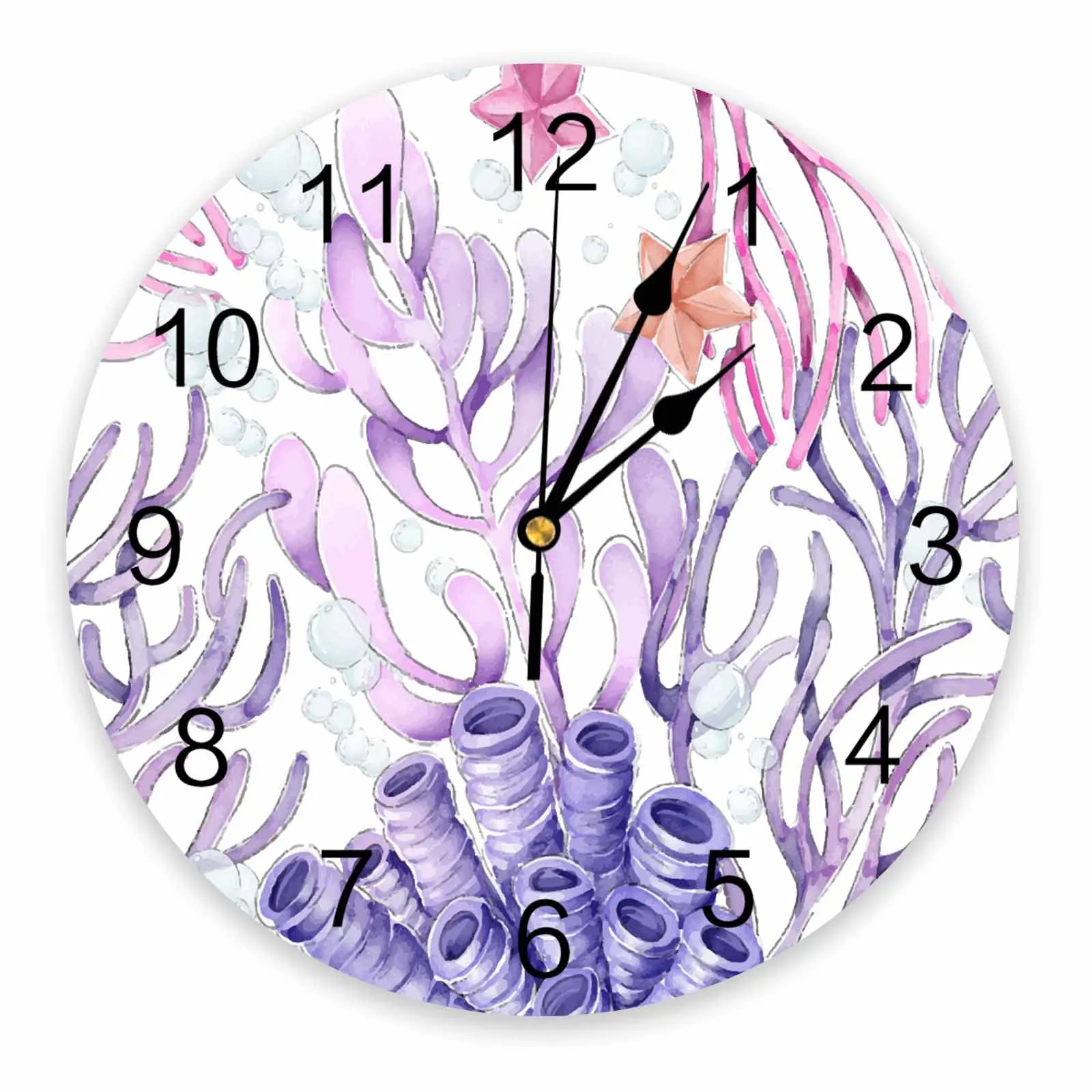 Ocean Bottom Coral Starfish Watercolor Printed Wall Clock Modern Silent Clock Living Room Home Decor Wall Hanging Watch