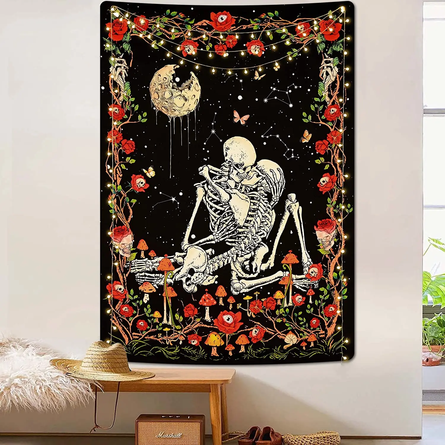 Skull Mushroom Tapestry Romantic Skeleton Gothic Tapestries Galaxy Moon Bohemian Decor Flowers and Butterfly Wall Hanging Cloth