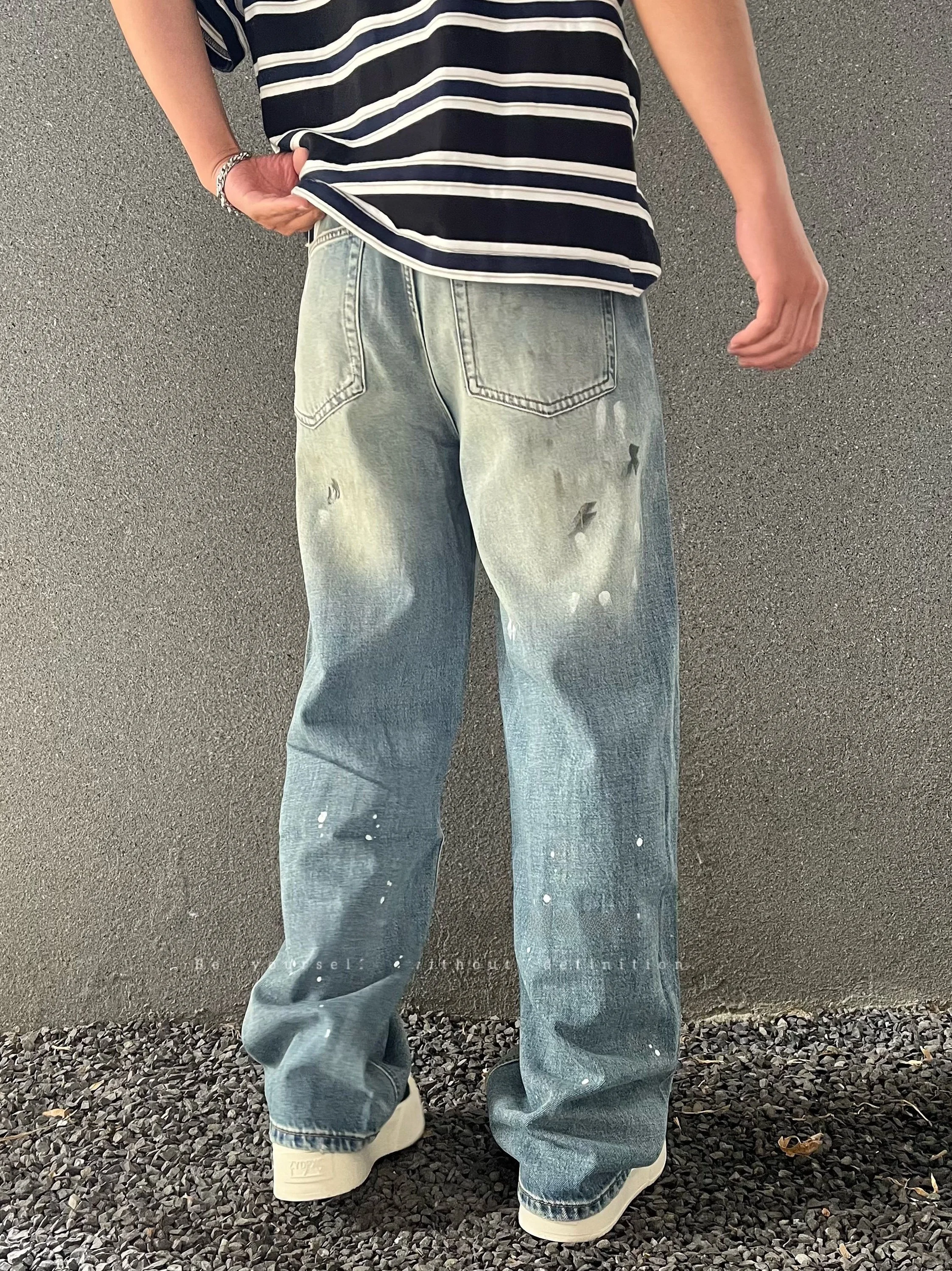 

Модные мужские джинсы с прямыми штанинами, летние повседневные свободные брюки с окрашенной талией, смесь хлопка и лайкры, дышащая, удобная прямая трубка