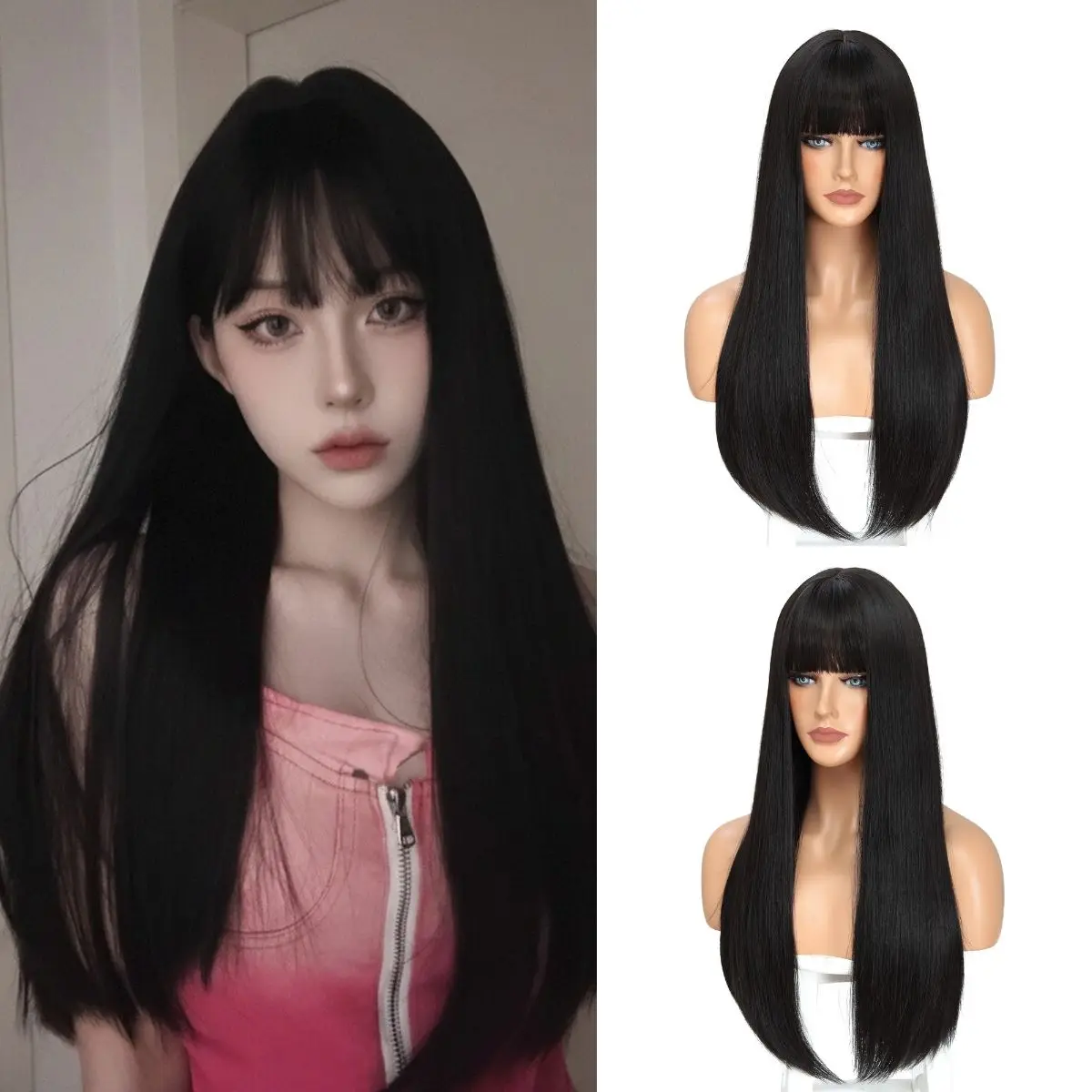 Black long straight hair synthetic wig for Halloween cosplay wig for role-playing, daily party, high-temperature hairnet