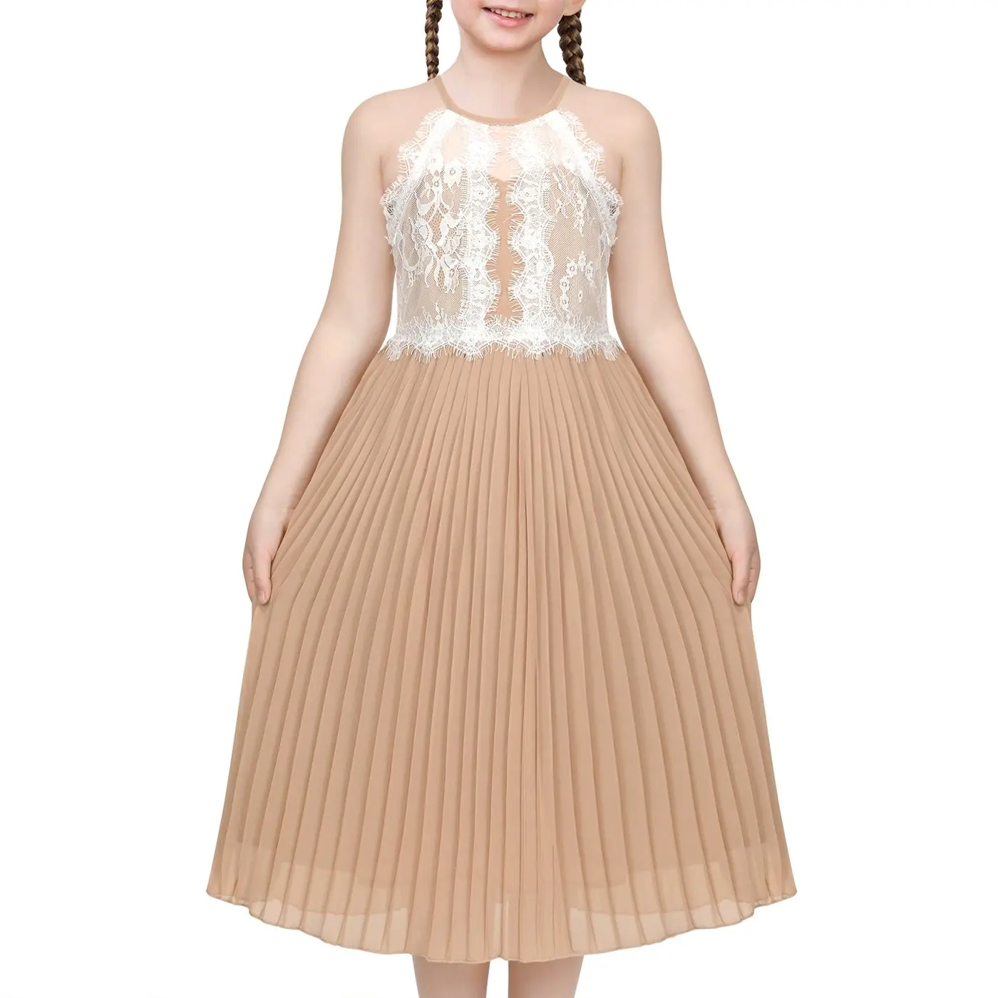 Girls Dress Coffee Halter Princess Lace Pleated Party Wedding Pageant